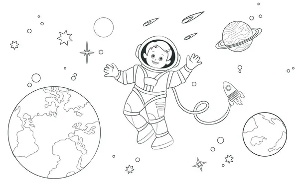 Χρωματισμός βιβλίο ένας νεαρός αστροναύτης πετάει σε ανοιχτό χώρο με φόντο τη Γη, πλανήτες και αστέρια. Εικονογράφηση διάνυσμα, στυλ κινουμένων σχεδίων — Διανυσματικό Αρχείο