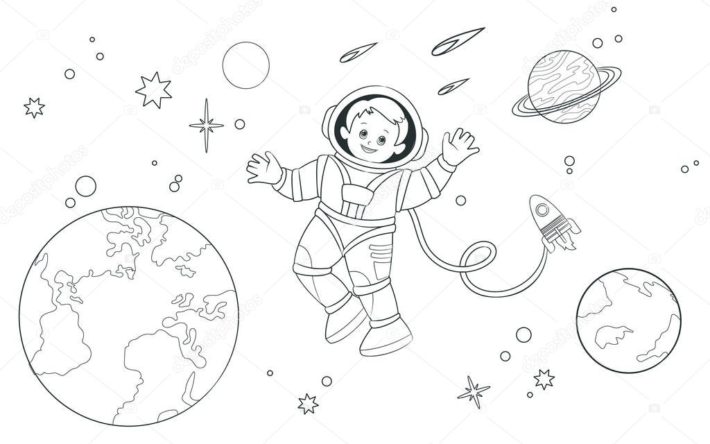 Coloring book a young astronaut soars in open space against the background of the Earth, planets and stars. Vector illustration , cartoon style