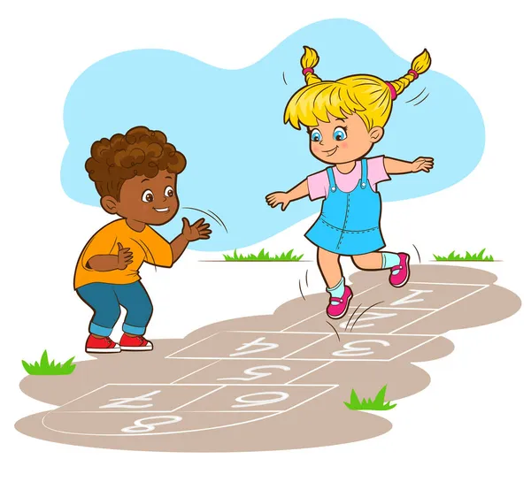 Los niños pequeños, un niño y una niña, están saltando felices mientras juegan al hopscotch. Ilustración vectorial en estilo de dibujos animados, arte de línea aislado en blanco y negro — Vector de stock