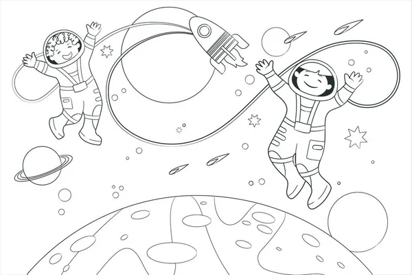 Χρωματισμός βιβλίο δύο νέοι αστροναύτες πετούν στο διάστημα με φόντο τα αστέρια και τους πλανήτες. Εικονογράφηση διάνυσμα σε στυλ κινουμένων σχεδίων, ασπρόμαυρη γραμμή τέχνης — Διανυσματικό Αρχείο