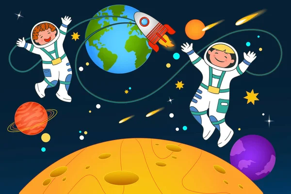 Δύο νέοι αστροναύτες-κοσμοναύτες πετούν στο διάστημα με φόντο αστέρια και πλανήτες. Εικονογράφηση διάνυσμα σε στυλ κινουμένων σχεδίων, σελίδα, banner, αφίσα. — Διανυσματικό Αρχείο