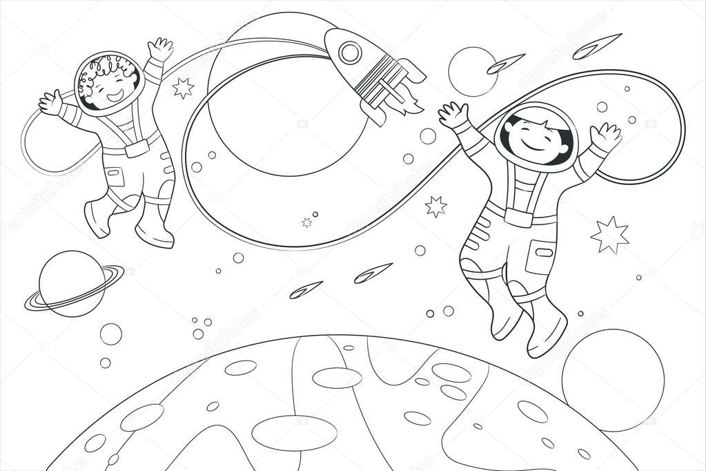 Coloring book two young astronauts fly in space against the background of stars and planets. Vector illustration in cartoon style, black and white line art