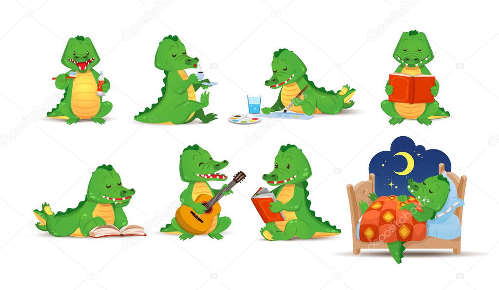 Cute figurines of green crocodiles doing their daily activities. The alligator reads, drinks, sleeps, brushes his teeth. Vector illustration in cartoon style, isolated flat on white background
