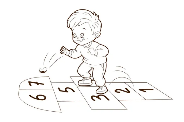 El niño jugando Hopskotch, salta sobre una pierna mientras. Libro para colorear. Ilustración vectorial, estilo de dibujos animados, arte de línea en blanco y negro — Vector de stock