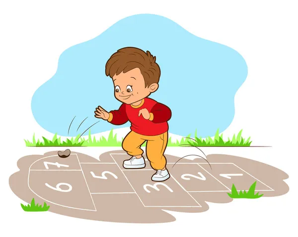 Το αγόρι παίζει Hopskotch, άλματα στο ένα πόδι, ενώ .Vector εικονογράφηση, στυλ κινουμένων σχεδίων, μαύρο και άσπρο γραμμή τέχνης — Διανυσματικό Αρχείο