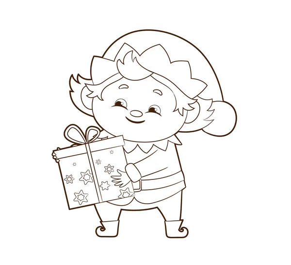 Kolorowanka: mały elf, gnome trzyma pudełko prezentów w rękach. Ilustracja wektor w stylu kreskówki, sztuki czarno-białej linii — Wektor stockowy