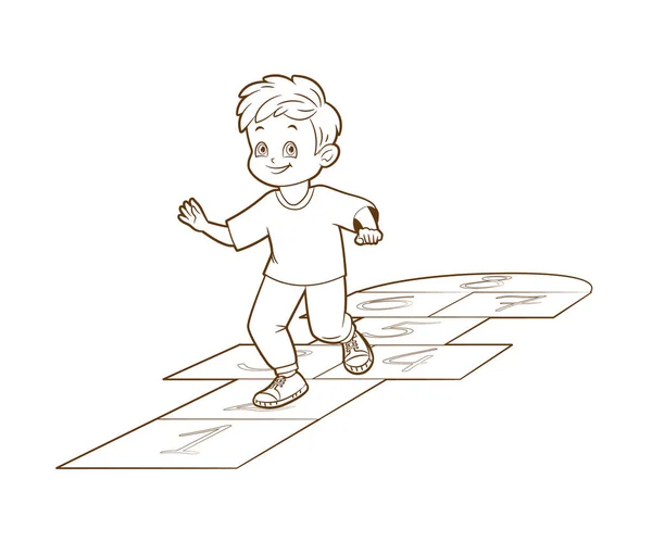 Le garçon joue Hopskotch, saute sur une jambe tout en. Livre à colorier. Illustration vectorielle, dessin animé, dessin en ligne noir et blanc — Image vectorielle
