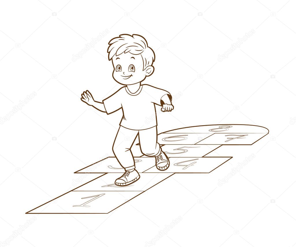 The boy playing Hopskotch, jumps on one leg while . Coloring book. Vector illustration , cartoon style, black and white line art