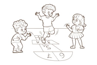 Boyama kitabı. İki erkek ve bir kız seksek oynarken zıplıyorlar. Çizgi film tarzında vektör illüstrasyonu, siyah beyaz çizgi sanatı