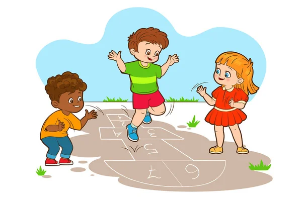 Zwei Jungen und ein Mädchen springen beim Hopscotch. Vektor-Illustration im Cartoon-Stil, Schwarz-Weiß-Linienkunst — Stockvektor