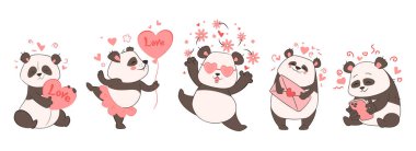 Valentines day, cute panda with hearts and flowers, set of animal figurines for design and print.Vector illustration in cartoon flat style