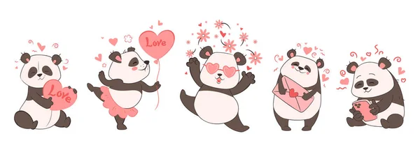 Valentines day, cute panda with hearts and flowers, set of animal figurines for design and print.Vector illustration in cartoon flat style — стоковый вектор