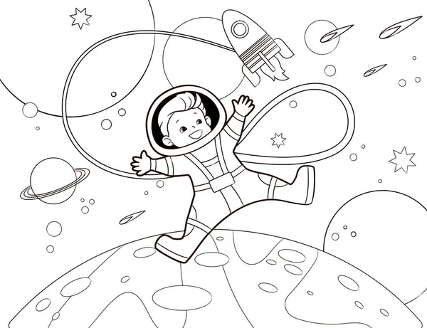 Coloring book, astronaut flying in open space against the background of planets, stars and asteroids. Vector illustration in cartoon style for children — Διανυσματικό Αρχείο