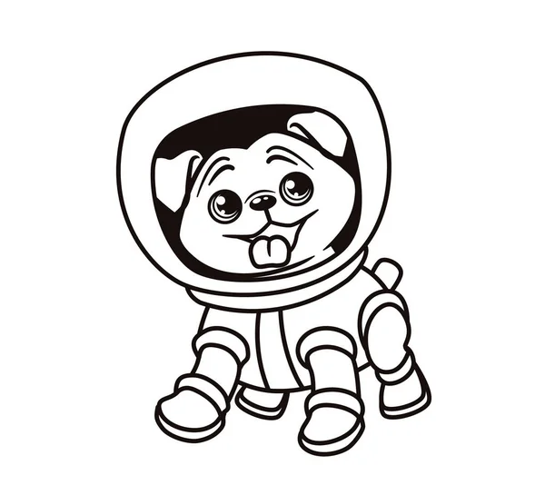 Livro para colorir: astronauta cão, pug em traje espacial, ilustração vetorial isolado sobre fundo branco — Vetor de Stock