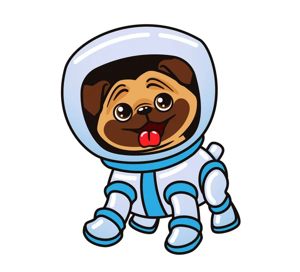 Cute little pug dressed in space suit, astronaut dog. Isolated vector illustration on white background. —  Vetores de Stock