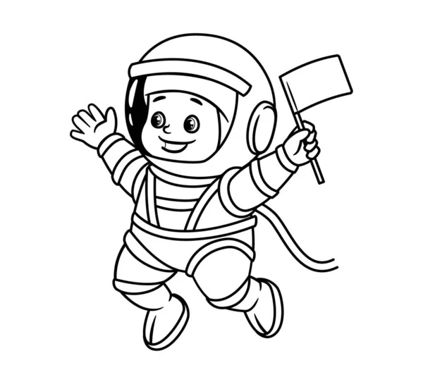 Coloring book: an astronaut toddler in a helmet and a spacesuit waves a pioneer flag. Vector illustration in cartoon style, black and white isolated line art — Vetor de Stock