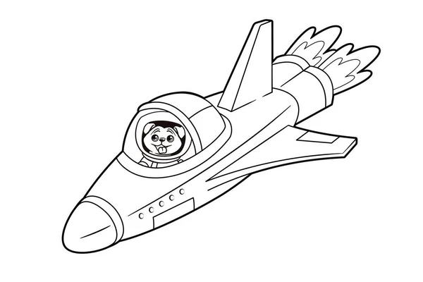 Coloring book: pug astronaut dog flies on a space shuttle among the stars. Vector illustration in cartoon style, black and white line art — стоковый вектор