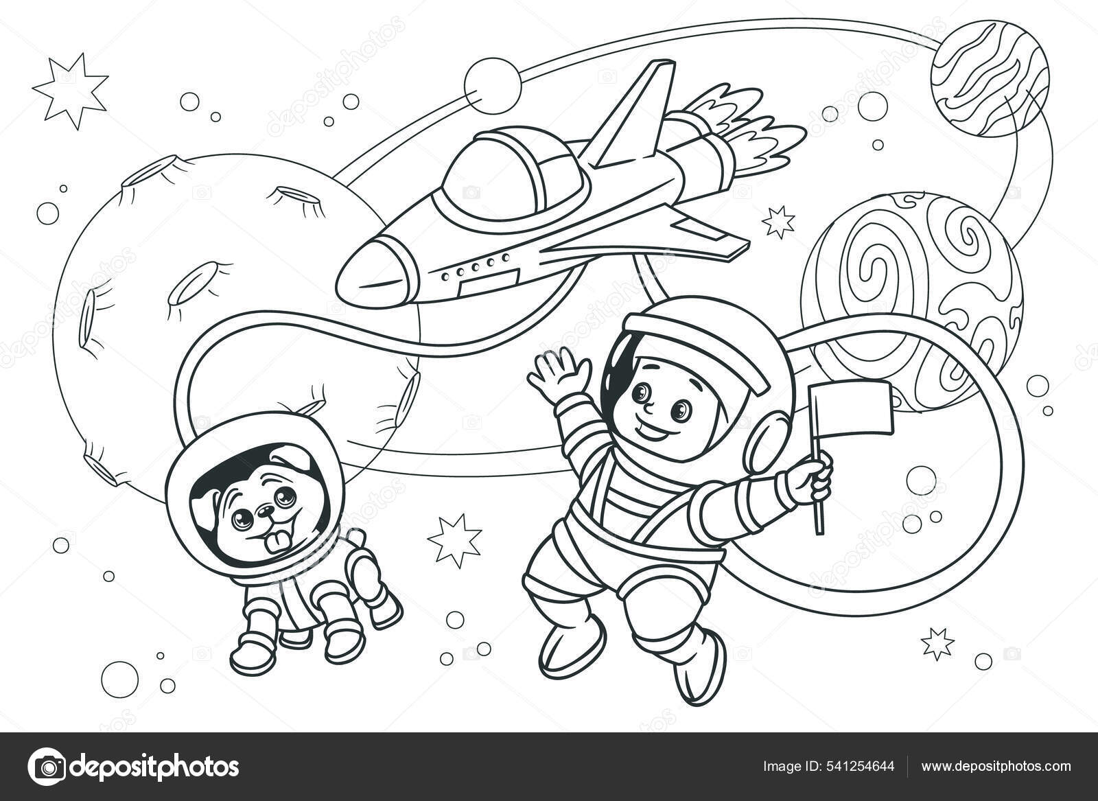 Coloring book ,Kid astronaut with a dog astronaut soar in space