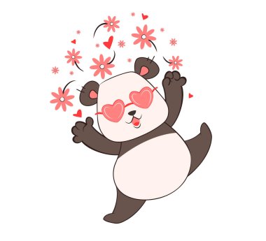 The little panda throws up flowers, hearts and swirls. Valentines Day. Vector illustration, doodle, sketch, congratulation, cartoon
