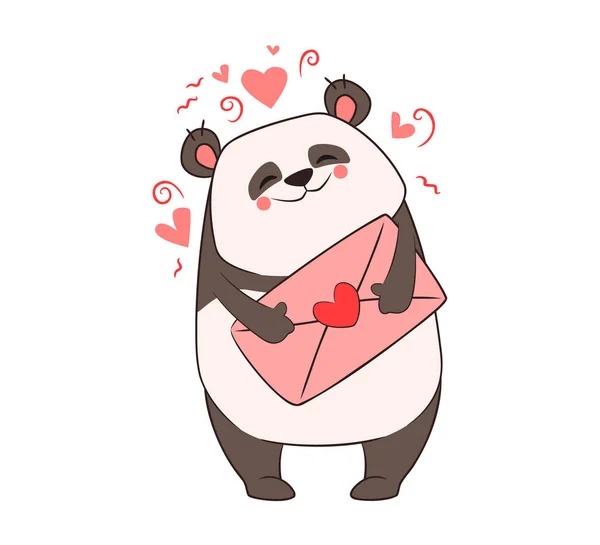 Funny panda holds in his paws a pink letter with a heart.Valentines Day.Vector illustration, doodle, sketch, congratulation, cartoon — Διανυσματικό Αρχείο