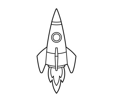 Roket uzaya uçuyor. Simge, boyama kitabı. Beyaz arkaplan, siyah beyaz çizgi sanatı üzerinde izole edilmiş vektör illüstrasyonu