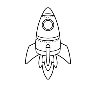Roket uzaya uçuyor. Simge, boyama kitabı. Beyaz arkaplan, siyah beyaz çizgi sanatı üzerinde izole edilmiş vektör illüstrasyonu