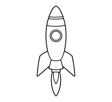 Roket uzaya uçuyor. Simge, boyama kitabı. Beyaz arkaplan, siyah beyaz çizgi sanatı üzerinde izole edilmiş vektör illüstrasyonu