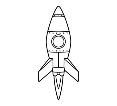 Roket uzaya uçuyor. Simge, boyama kitabı. Beyaz arkaplan, siyah beyaz çizgi sanatı üzerinde izole edilmiş vektör illüstrasyonu
