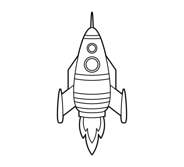 Une fusée qui vole dans l'espace. Icône, livre de coloriage. Illustration vectorielle isolée sur fond blanc, art linéaire noir et blanc — Image vectorielle