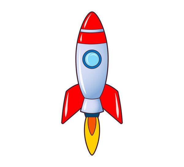 Rocket flying up into space. Icon, coloring book. Vector isolated illustration on white background . Black and white line art