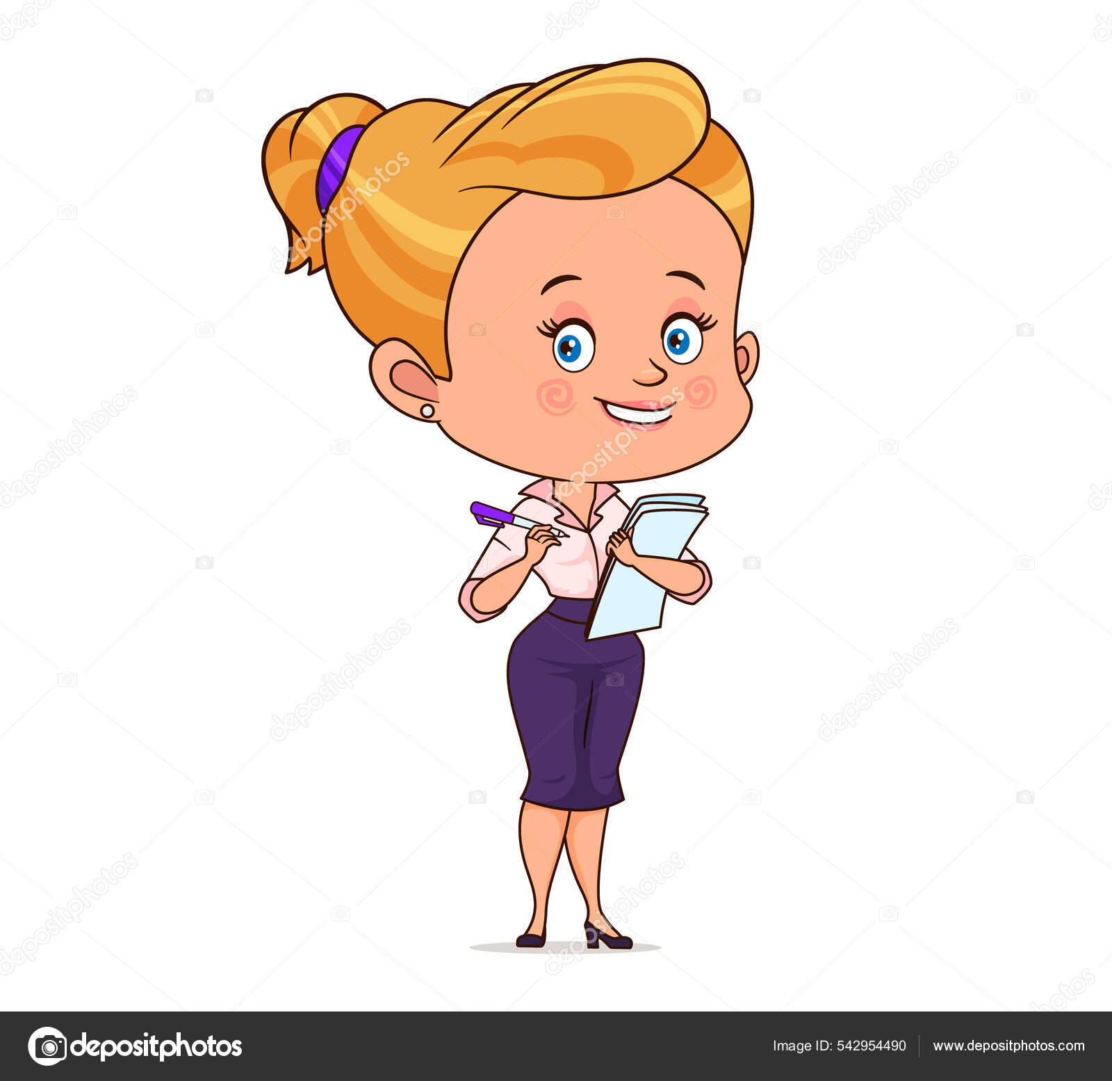 Image vectorielle La secrétaire souriante tient un stylo et du papier dans  ses mains pour écrire. Illustration vectorielle en style dessin animé isolé  sur fond blanc par ©HannaShvets - 542954490, image size:1600x1555