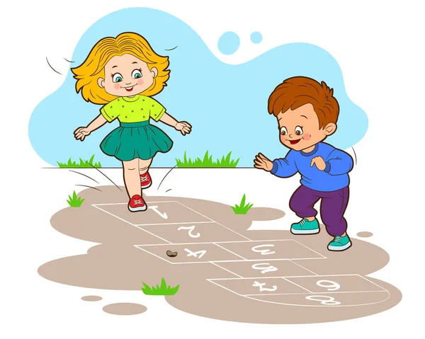 La chica y el chico están saltando mientras juegan al hopscotch. Ilustración vectorial en estilo de dibujos animados — Vector de stock
