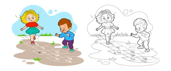 Χρωματισμός Κορίτσι Βιβλίο Και Αγόρι Πηδούν Ενώ Παίζει Κουτσό Εικονογράφηση — Διανυσματικό Αρχείο