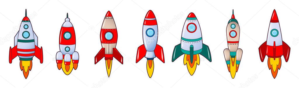 The rocket flies into space. Set of icons , flat cartoon style. Vector isolated illustration on white background