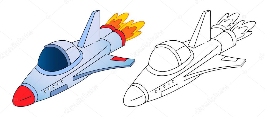 Coloring book, spaceship, shuttle flies among the stars. Vector illustration , cartoon style, black and white line