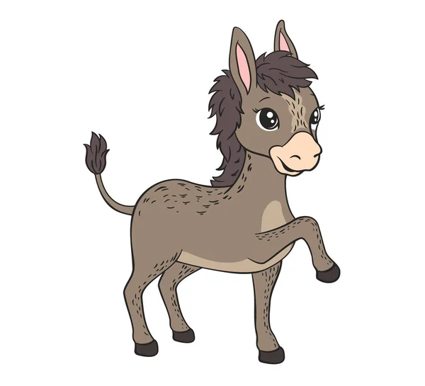 Pequeño burro gris con orejas grandes e ilustración tail.Vector en el estilo de dibujos animados línea de arte en blanco y negro — Vector de stock