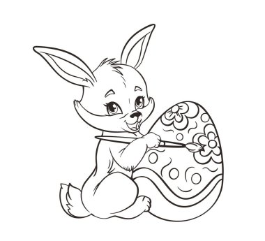 Boyama kitabı Sevimli Paskalya tavşanı fırçayla paskalya yumurtası boyuyor. Çizgi film tarzında, siyah-beyaz çizgili bir vektör çizimi.