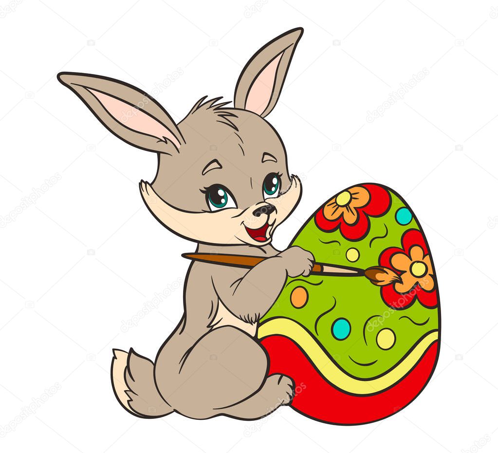 Cute easter bunny painting an easter egg with a brush.Vector illustration in a flat cartoon style