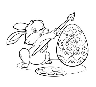 Boyama kitabı Sevimli Paskalya tavşanı fırçayla paskalya yumurtası boyuyor. Çizgi film tarzında, siyah-beyaz çizgili bir vektör çizimi.