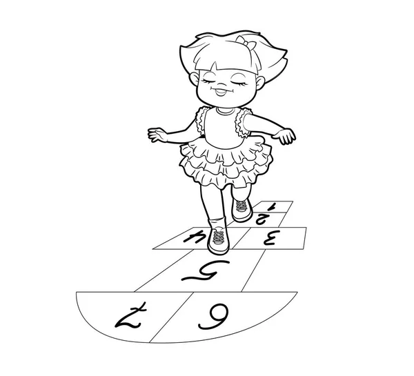 Chica libro para colorear en vestido de encaje saltando jugando hopscotch. Ilustración vectorial en estilo de dibujos animados, líneas en blanco y negro — Archivo Imágenes Vectoriales