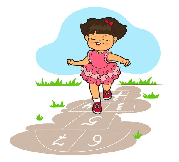Chica en vestido de encaje saltando jugando hopscotch. Ilustración vectorial en estilo de dibujos animados, líneas en blanco y negro — Vector de stock