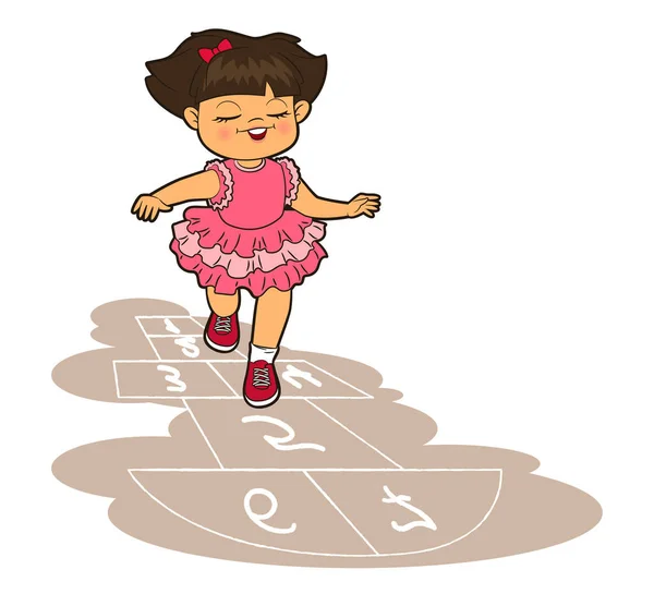 Chica en vestido de encaje saltando jugando hopscotch. Ilustración vectorial en estilo de dibujos animados — Vector de stock