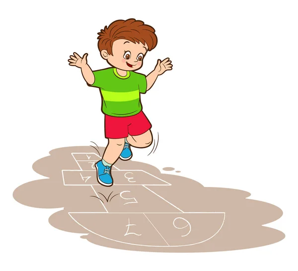 Ένα μικρό ευρωπαϊκό αγόρι με πράσινο μπλουζάκι πηδάει ενώ παίζει κουτσό. Εικονογράφηση διάνυσμα σε στυλ κινουμένων σχεδίων — Διανυσματικό Αρχείο