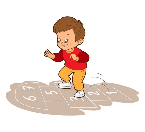 Un niño europeo con una sudadera de color burdeos está saltando mientras juega al hopscotch. Ilustración vectorial en estilo de dibujos animados — Vector de stock