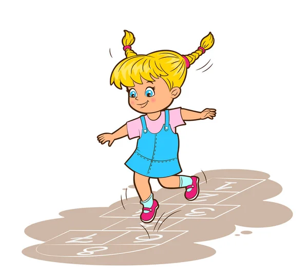 Una niña en un vestido de mezclilla celestial salta, jugando a la azadilla. Ilustración vectorial en estilo de dibujos animados — Vector de stock