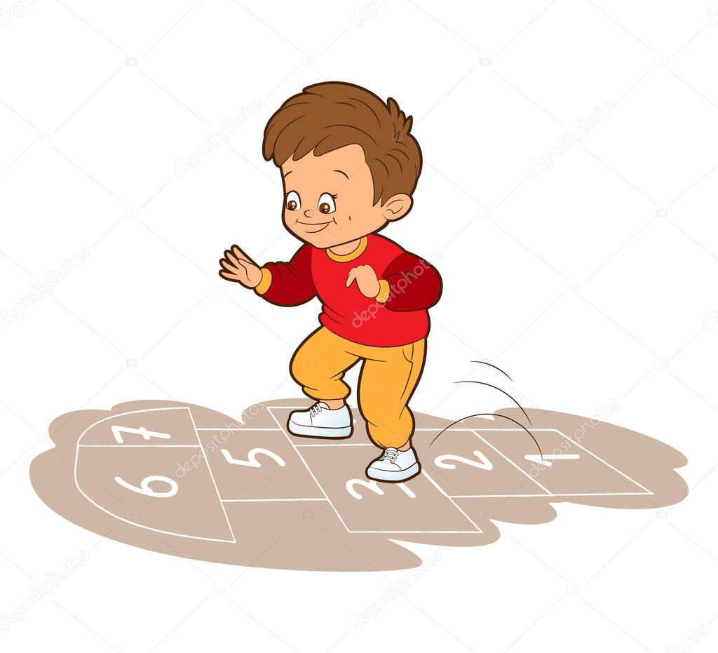 A little European boy in a burgundy sweatshirt is jumping while playing hopscotch. Vector illustration in cartoon style