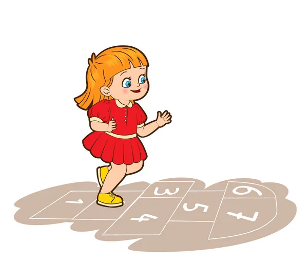 Uma menina em um vestido vermelho está pulando enquanto joga hopscotch. Ilustração vetorial em estilo cartoon —  Vetores de Stock