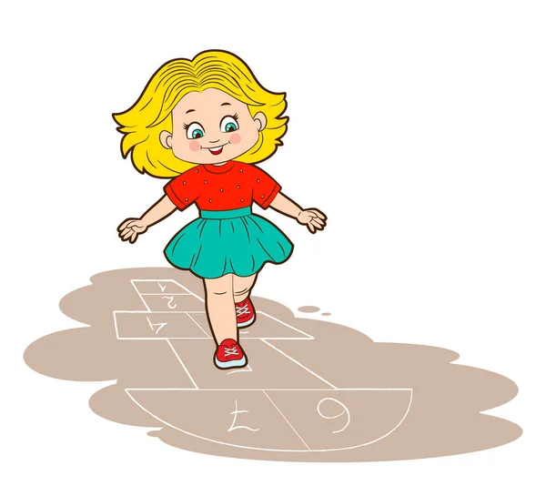 Una Niña con una falda de encaje y un suéter rojo está saltando, jugando hopscotch. Ilustración vectorial en estilo de dibujos animados — Vector de stock