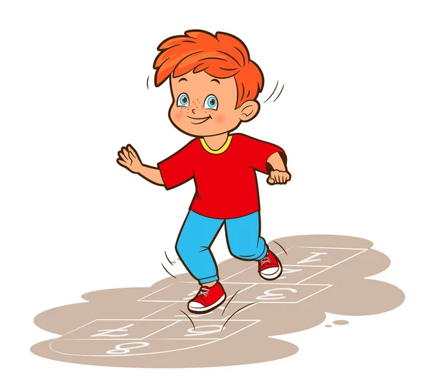 Ένα μικρό αγόρι με κόκκινα μαλλιά και κόκκινο μπλουζάκι πηδάει ενώ παίζει κουτσό. Εικονογράφηση διάνυσμα σε στυλ κινουμένων σχεδίων — Διανυσματικό Αρχείο