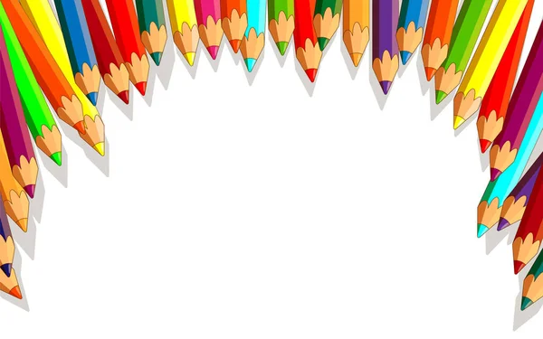 Una serie di matite colorate disposte a semicerchio su uno sfondo bianco isolato. Spazio libero per il testo. Matite vista dall'alto. Illustrazione vettoriale, stile piatto del fumetto — Vettoriale Stock